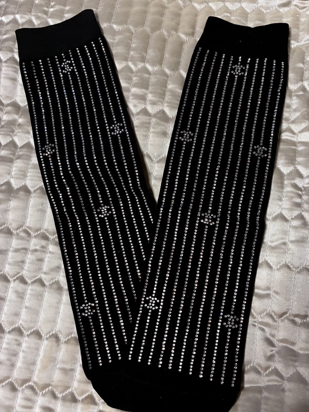 Double C Black ALL OVER CRYSTAL LOGO EMBELLISHED KNEE HIGHT SOCKS STUNNING 🤩